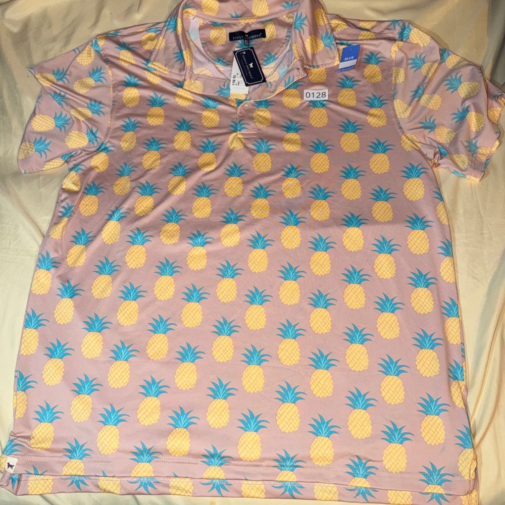 NWT Simply Southern Mens XL Pine Polo Shirt Pink Pineapple Print Short Sleeve